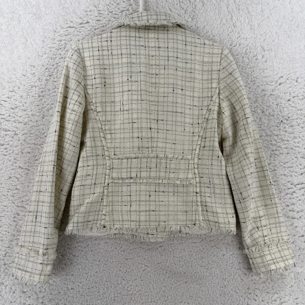 Ann Taylor Jacket Womens 0 White Tweed Moto Asymmetrical Zip Fringe‎ Lined Check